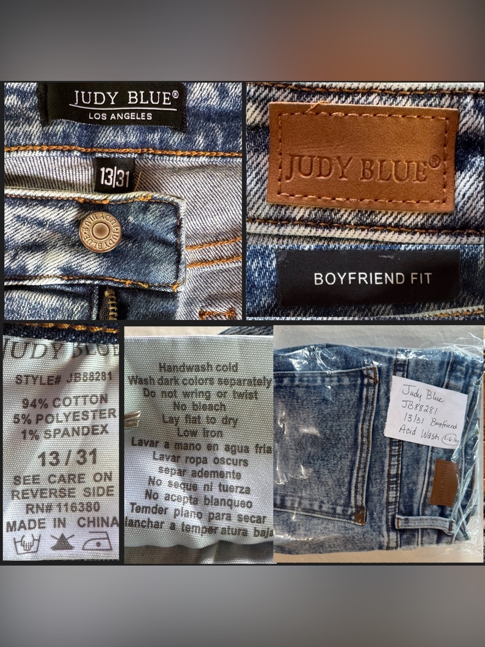 Judy Blue Acid Wash Distressed Boyfriend Jeans JB88281 Medium Indigo Wash 13/31 - Picture 14 of 17